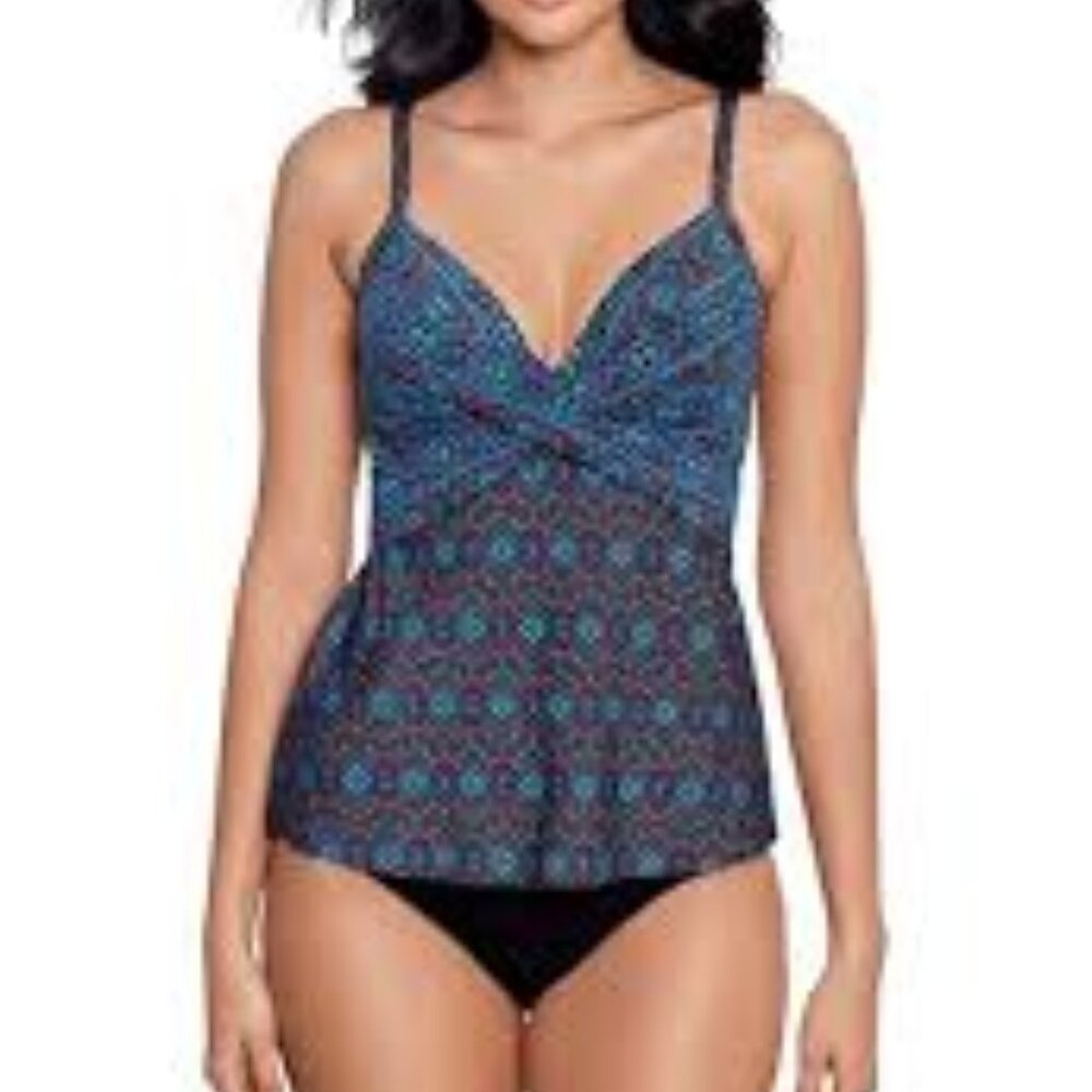 MIRACLESUIT ROMANI ALLURA WOMEN TANKINI BLUE MULTI TOP SIZE 14 NEW WITH TAGS